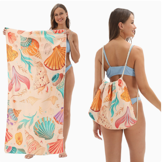 2-in-1 Foldable Beach Towel Backpack – Printed Bath Towel with Built-in Storage, Convertible Beach Mat & Carry Bag, Absorbent for Pool, Camping, Yoga and Travel