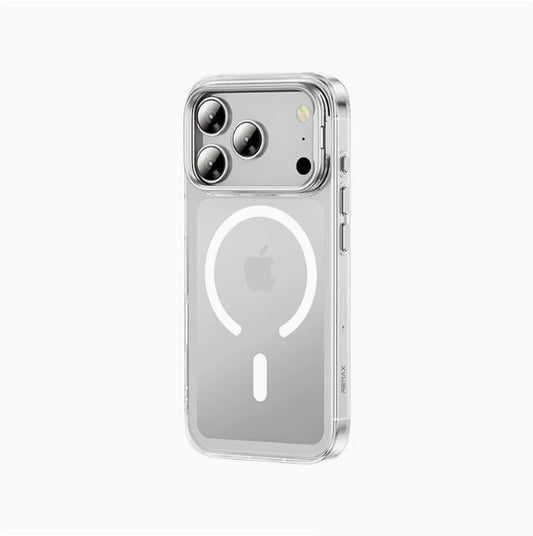 A phone case for iPhone 17 Pro Max with a stand and camera control cover, MagSafe compatible, shockproof magnetic case, and scratch-resistant (silver).