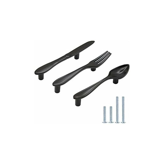 3 Pack Knife Spoon Fork Shape Cabinet Pulls Door Handles Hole Center 3" Matte Black