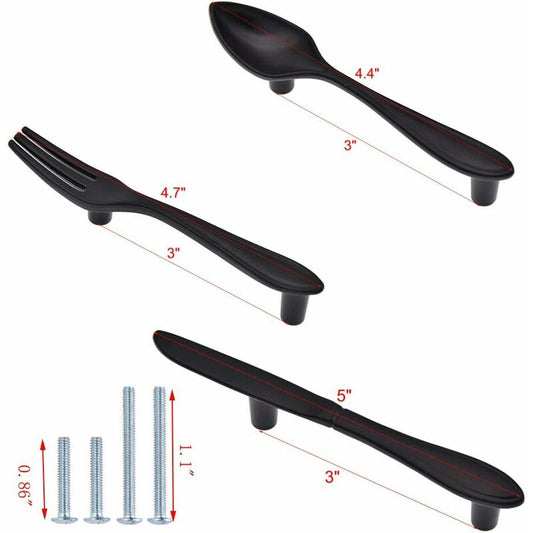 3 Pack Knife Spoon Fork Shape Cabinet Pulls Door Handles Hole Center 3" Matte Black