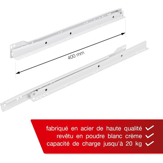 Drawer Slides 400Mm - Pack Of 2 (1 Pair) White Drawer Slide Rails, Partial Extension Slide System - Easy Assembly