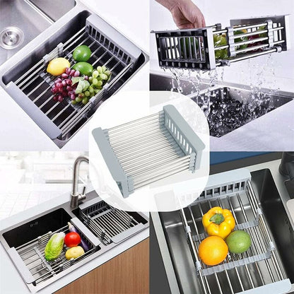 Extendable Sink Drainer, Adjustable Dish Drainer, Stainless Steel Adjustable Dish Drainer, Telescopic Drain Basket Dish
