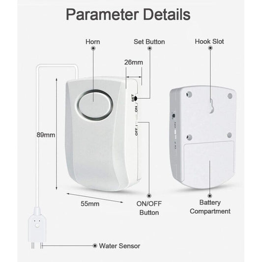 Water Leak Alarm 130Db, 95Cm Long Cable With Sensor, Home Security Water Leak Detection Alarm, Battery Included