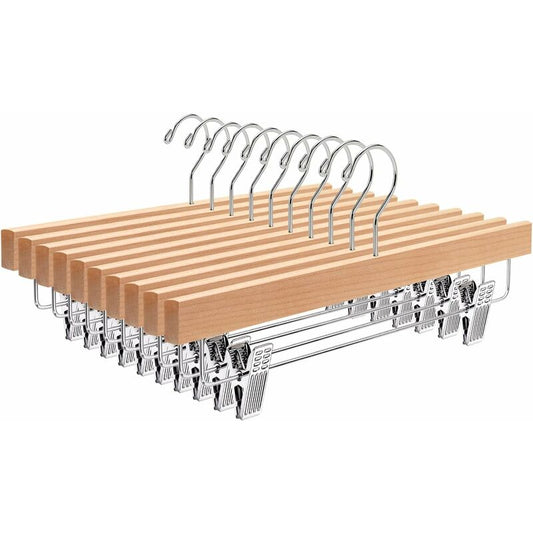 Home 10 Pack 32Cm Natural Wooden Hangers For Pants Skirts Socks Underwear Non-Slip Hangers With Clips