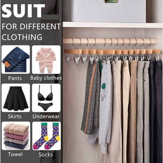 Home 10 Pack 32Cm Natural Wooden Hangers For Pants Skirts Socks Underwear Non-Slip Hangers With Clips