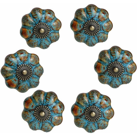 6 pcs Ceramic Glazed Door Handles For Cabinets, Bathrooms, Wardrobes, Drawers (Blue)