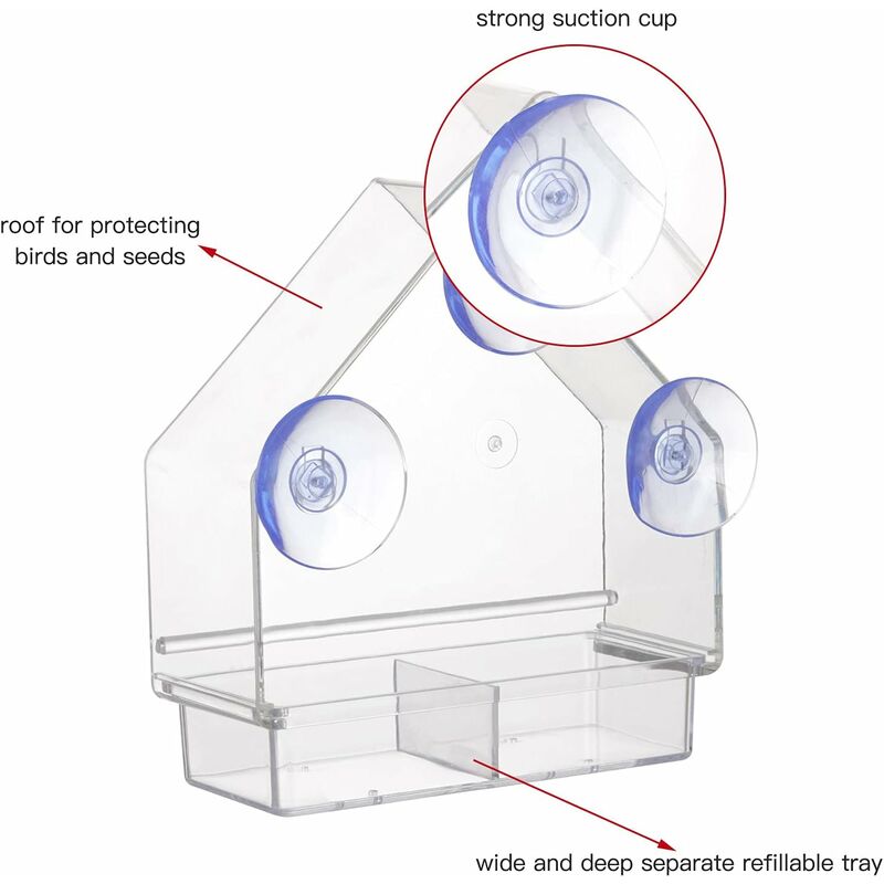 Clear Bird Feeder With Super Strong Suction Cups Removable Tray Refillable Weatherproof