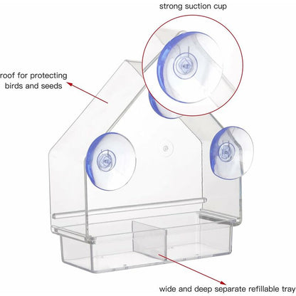 Clear Bird Feeder With Super Strong Suction Cups Removable Tray Refillable Weatherproof