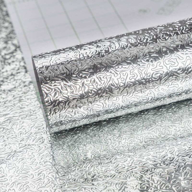 Silver Self Adhesive Vinyl Wallpaper Aluminum Foil Look Waterproof Greaseproof For Kitchen Cupboards Diy Wall Stickers