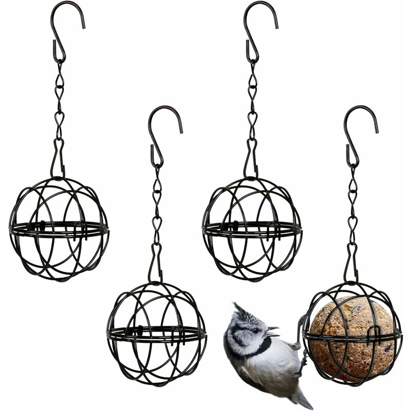 4 pcs Hanging Bird Feeders Metal Bird Fat Ball Holder Indoor Outdoor Black 7Cm Diameter Food Dispenser With 4 S-Shaped