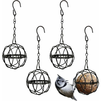 4 pcs Hanging Bird Feeders Metal Bird Fat Ball Holder Indoor Outdoor Black 7Cm Diameter Food Dispenser With 4 S-Shaped