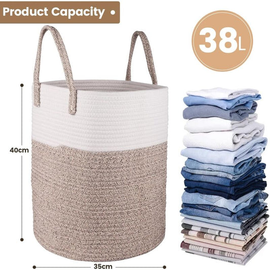 Laundry Basket - 40 X 35 Cm Foldable Storage Baskets - Cotton ROpe Laundry Basket With Handles - Toy Storage Basket -