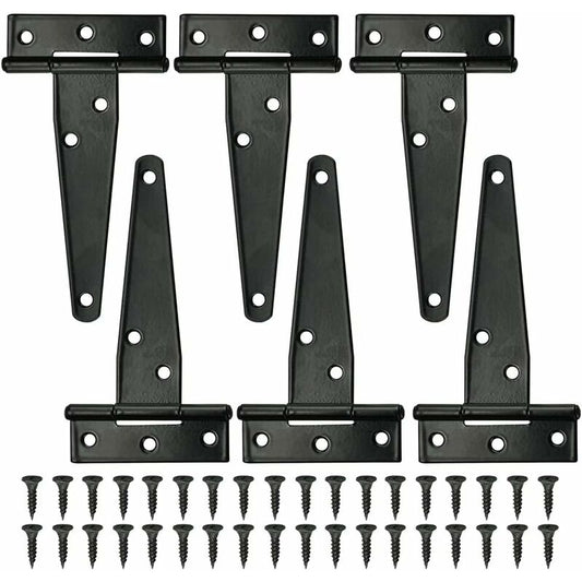 6 pcs Black T-Hinge Barn Door Hinge 4 Inch Exterior T-Hinges With 36 Screws Iron Door Hinges Heavy Duty Hinges For