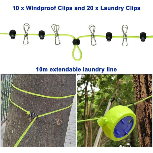 Clothesline Set, 10M Portable Anti-Winding Stretchable Clothes Line For Drying Rack Bathroom Outdoor Camping Outdoor