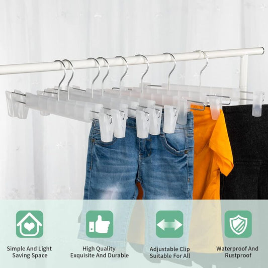 10 Pack Skirt Hangers, Trouser Hangers, With 2 Adjustable Non-Slip Clips, For Hanging Pants, Socks, Skirts - Translucent