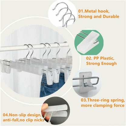 10 Pack Skirt Hangers, Trouser Hangers, With 2 Adjustable Non-Slip Clips, For Hanging Pants, Socks, Skirts - Translucent