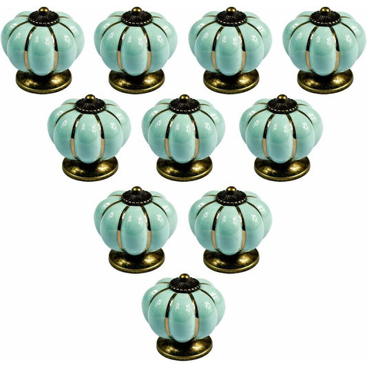 10 pcs Vintage European Style Ceramic Pumpkin Cabinet Knobs Dresser Cupboard Drawer Pull Handles Knobs, Light Blue