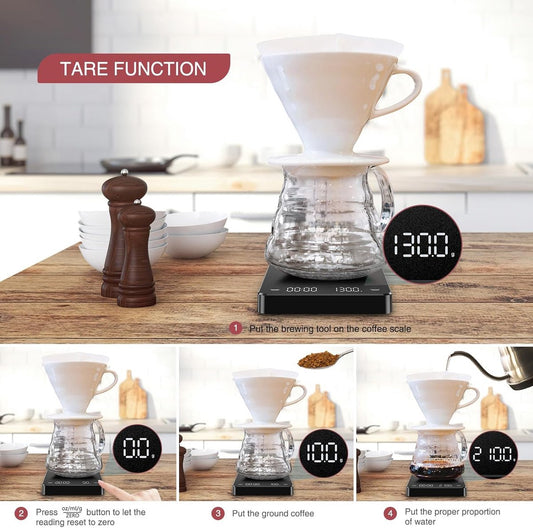 Coffee Scale - Digital Coffee Scale with Timer - Rechargeable for Filter Coffee, 3 kg / 0 g Digital Espresso Scale - with Peeling Function - 3 Units, LED Display - Black