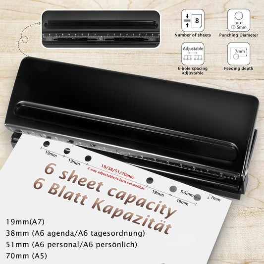 piece - Adjustable 6-hole punch - hole punch for diaries, personal planners and refill pages for files - refill pages - black