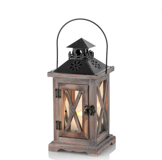 Vintage Wooden and Metal Lantern Candle Holder, Decorative Lantern Stand for Outdoor Country Wedding Centerpiece, Hanging Lamp, Farmhouse Style, Indoor and Outdoor Decoration, 28cm