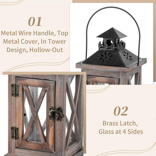 Vintage Wooden and Metal Lantern Candle Holder, Decorative Lantern Stand for Outdoor Country Wedding Centerpiece, Hanging Lamp, Farmhouse Style, Indoor and Outdoor Decoration, 28cm
