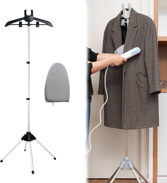 Hanger - Folding ironing hanger - Garment steamer hanger - Folding hanger - Hanger for portable garment steamer with ironing gloves - Telescopic support - Folding garment steamer hanger (black)