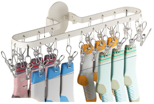 Wall-mounted folding clothes dryer - Space-saving - No need for extra hangers - Foldable design - 20 integrated clips - For drying socks/underwear - Suitable for bathroom/balcony