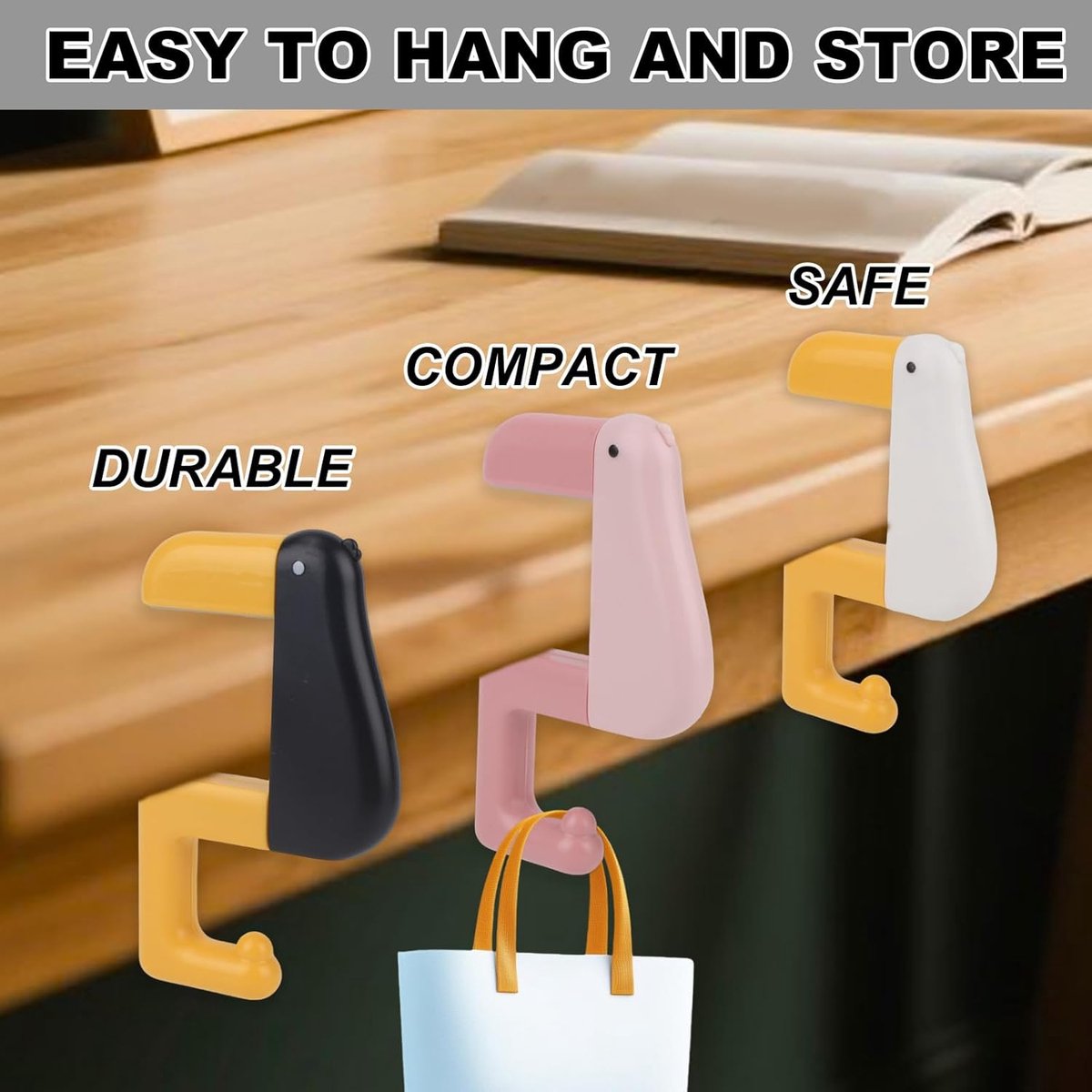 Table Hook - Desk Hook - Removable - Non-slip - Foldable - Desktop Installation - No Drilling Required - Suitable for Office, School, Office Organization, and Business Operations - 3 Pieces - Pink, White, Black