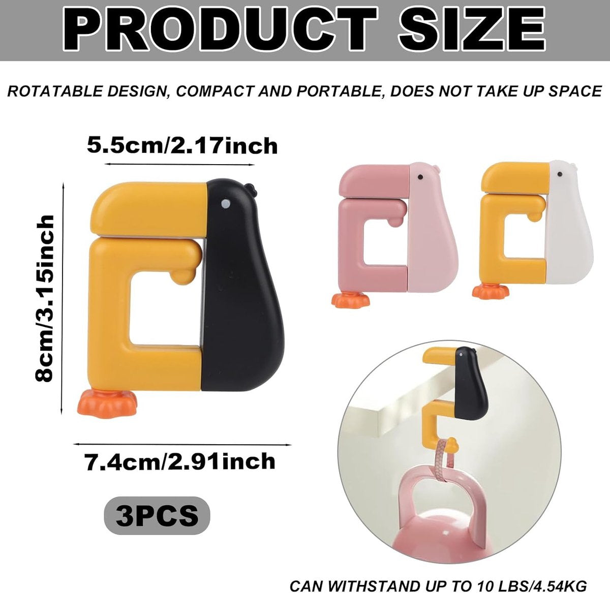 Table Hook - Desk Hook - Removable - Non-slip - Foldable - Desktop Installation - No Drilling Required - Suitable for Office, School, Office Organization, and Business Operations - 3 Pieces - Pink, White, Black
