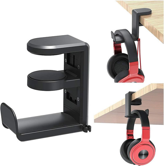 Headset Stand - Headset Holder - Rotating Headset Stand - Gaming Headset Stand - With 360-Degree Rotation and Cable Clip Organizer - Adjustable Clamp Mount Under Desk - Black