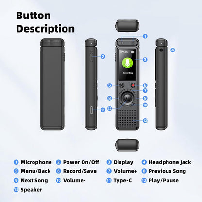 Voice Recorder - Dictaphone - Rechargeable - Portable - Clear Sound - Meetings, Interviews - 64 GB - Black