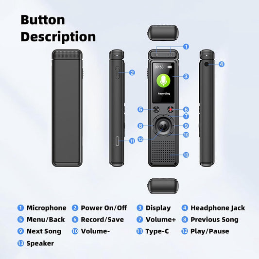 Voice Recorder - Dictaphone - Rechargeable - Portable - Clear Sound - Meetings, Interviews - 64 GB - Black
