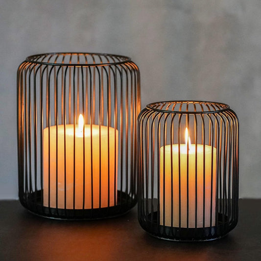 Set of 2 black metal candle holders, large oval candle holder, black decoration, metal wire lantern (Zwart)