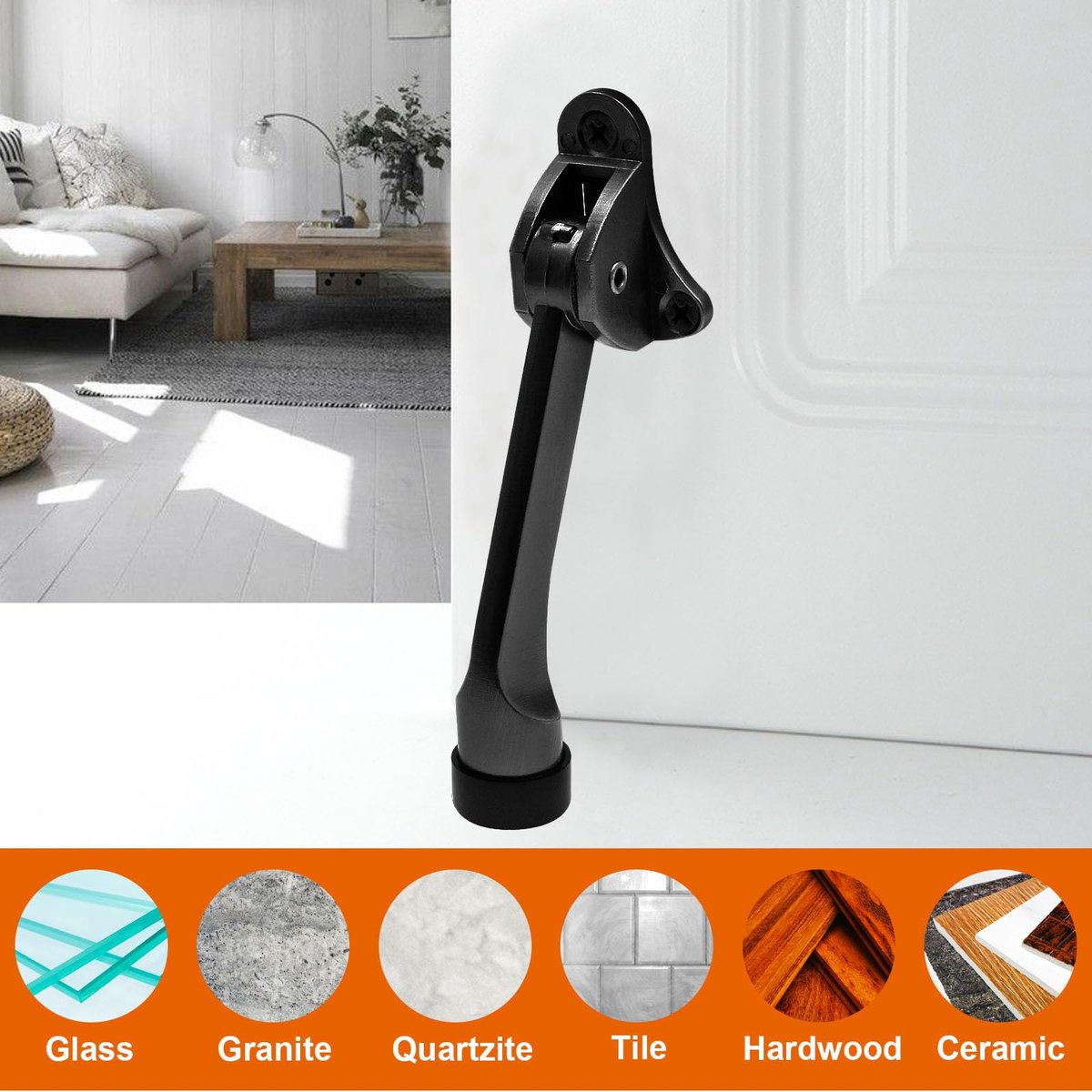 Set of 2 heavy-duty stainless steel doorstops with non-slip rubber tips for heavy doors, adjustable, door handle protection, 13 cm, black