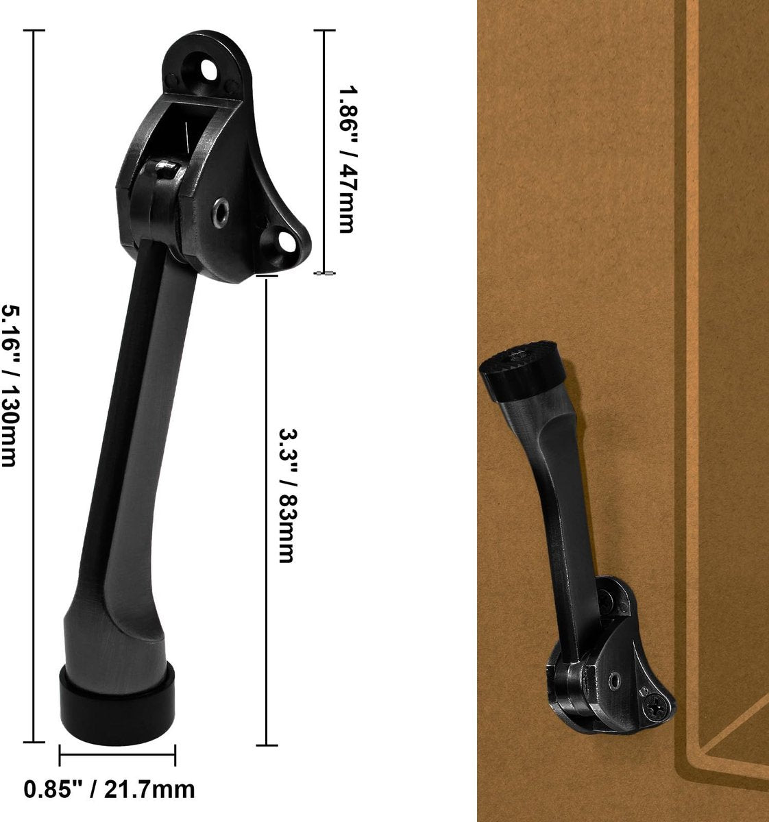 Set of 2 heavy-duty stainless steel doorstops with non-slip rubber tips for heavy doors, adjustable, door handle protection, 13 cm, black
