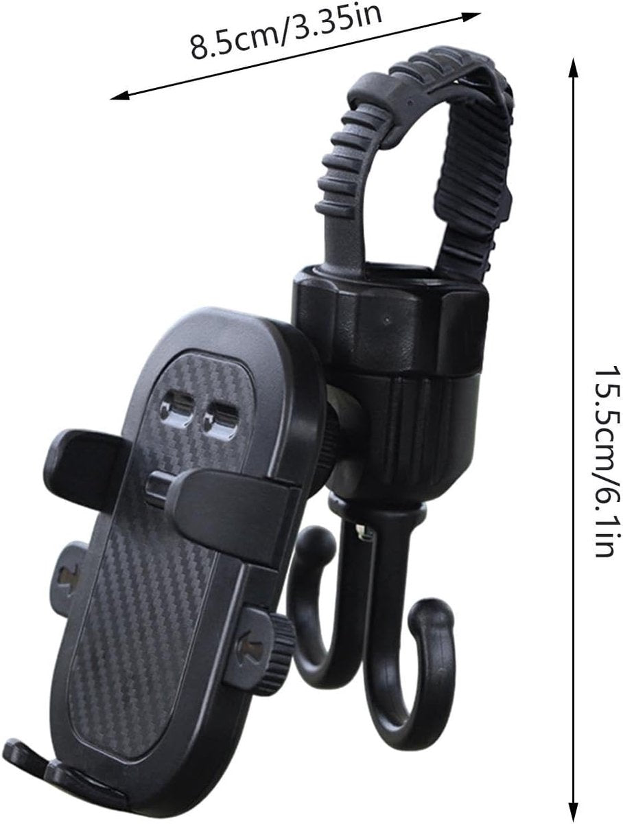 Phone holder for bicycle, stroller, portable stroller hanger, 2-in-1 shopping trolley hook, shopping bag holder, sturdy and adjustable, compatible with most strollers and bicycles