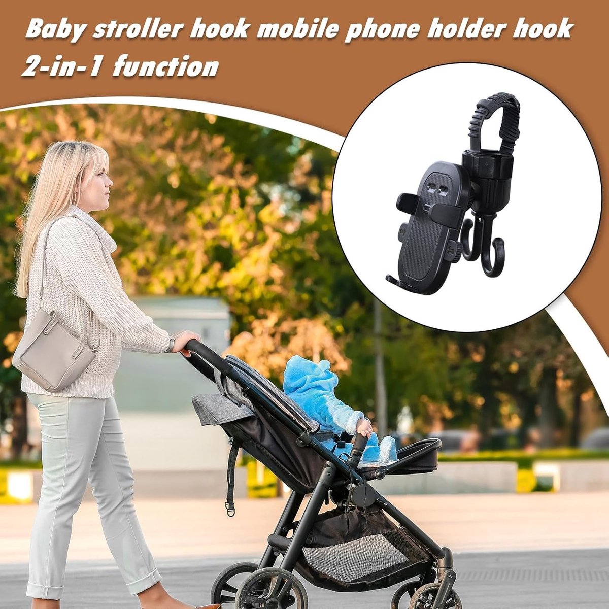 Phone holder for bicycle, stroller, portable stroller hanger, 2-in-1 shopping trolley hook, shopping bag holder, sturdy and adjustable, compatible with most strollers and bicycles