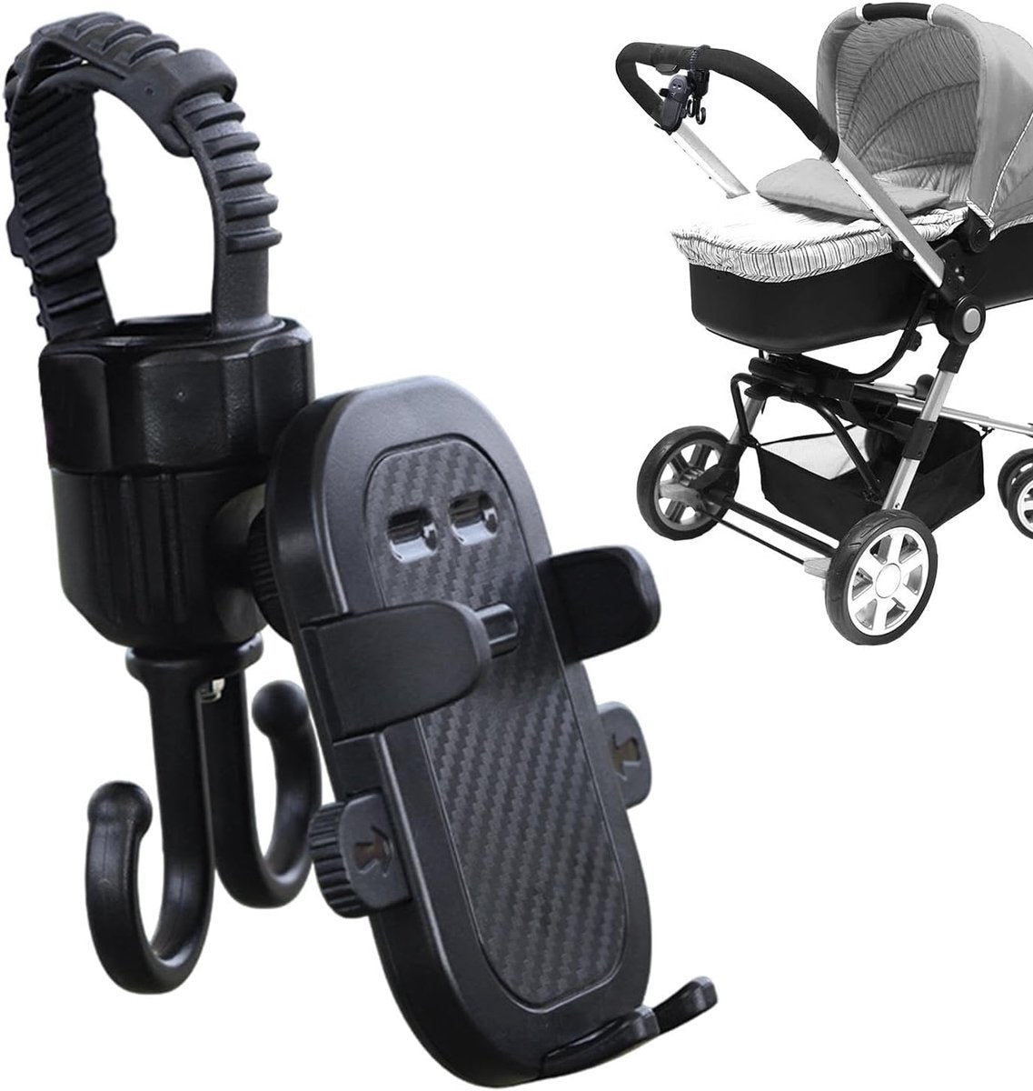 Phone holder for bicycle, stroller, portable stroller hanger, 2-in-1 shopping trolley hook, shopping bag holder, sturdy and adjustable, compatible with most strollers and bicycles