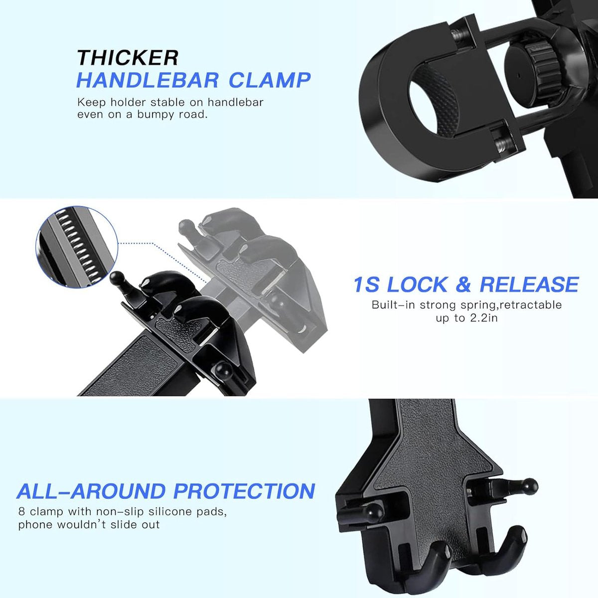 Motorcycle phone mount - Bicycle phone mount - Heavy-duty clamp for motorcycle handlebars - One-handed operation - Scooter phone mount - For phones from 4.7" to 7.25"