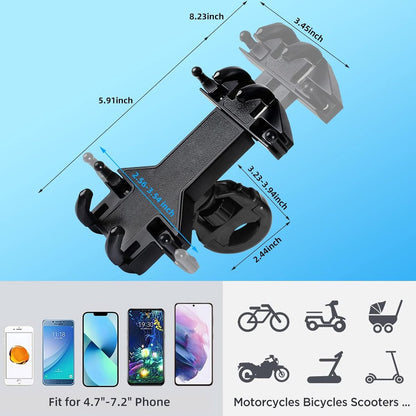 Motorcycle phone mount - Bicycle phone mount - Heavy-duty clamp for motorcycle handlebars - One-handed operation - Scooter phone mount - For phones from 4.7" to 7.25"