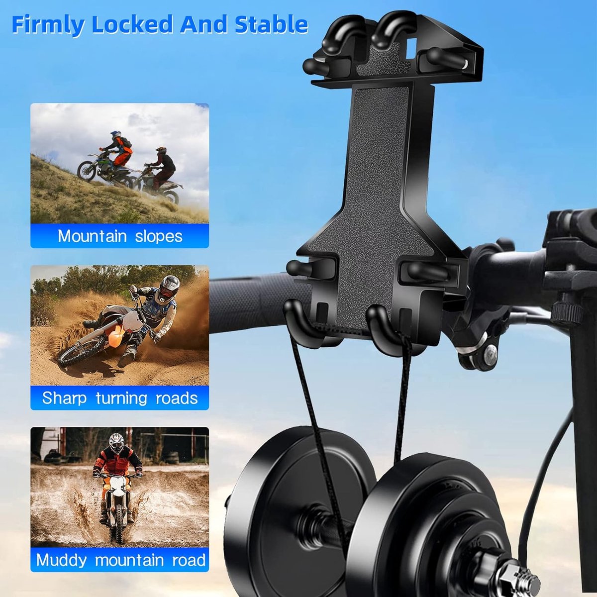 Motorcycle phone mount - Bicycle phone mount - Heavy-duty clamp for motorcycle handlebars - One-handed operation - Scooter phone mount - For phones from 4.7" to 7.25"