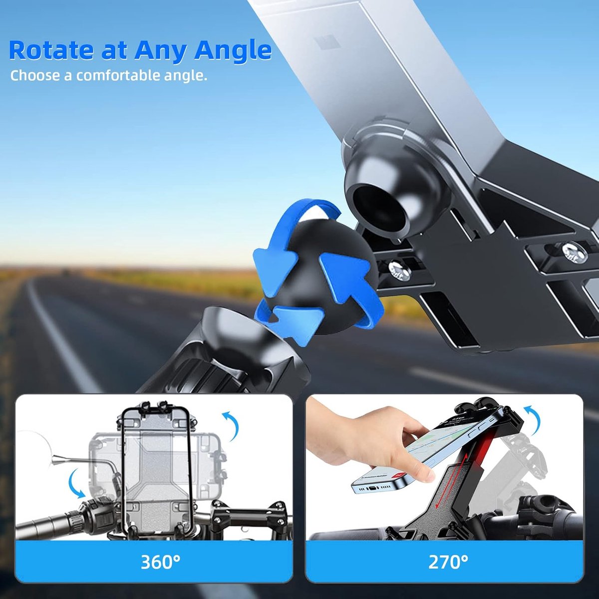 Motorcycle phone mount - Bicycle phone mount - Heavy-duty clamp for motorcycle handlebars - One-handed operation - Scooter phone mount - For phones from 4.7" to 7.25"