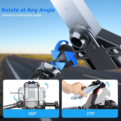 Motorcycle phone mount - Bicycle phone mount - Heavy-duty clamp for motorcycle handlebars - One-handed operation - Scooter phone mount - For phones from 4.7" to 7.25"