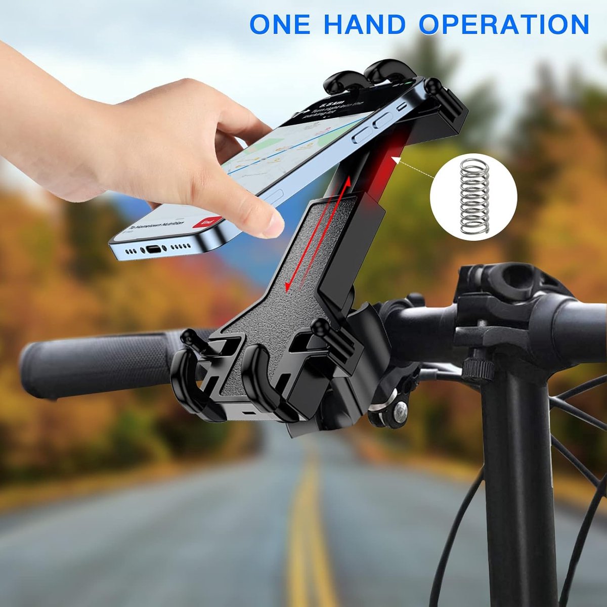Motorcycle phone mount - Bicycle phone mount - Heavy-duty clamp for motorcycle handlebars - One-handed operation - Scooter phone mount - For phones from 4.7" to 7.25"
