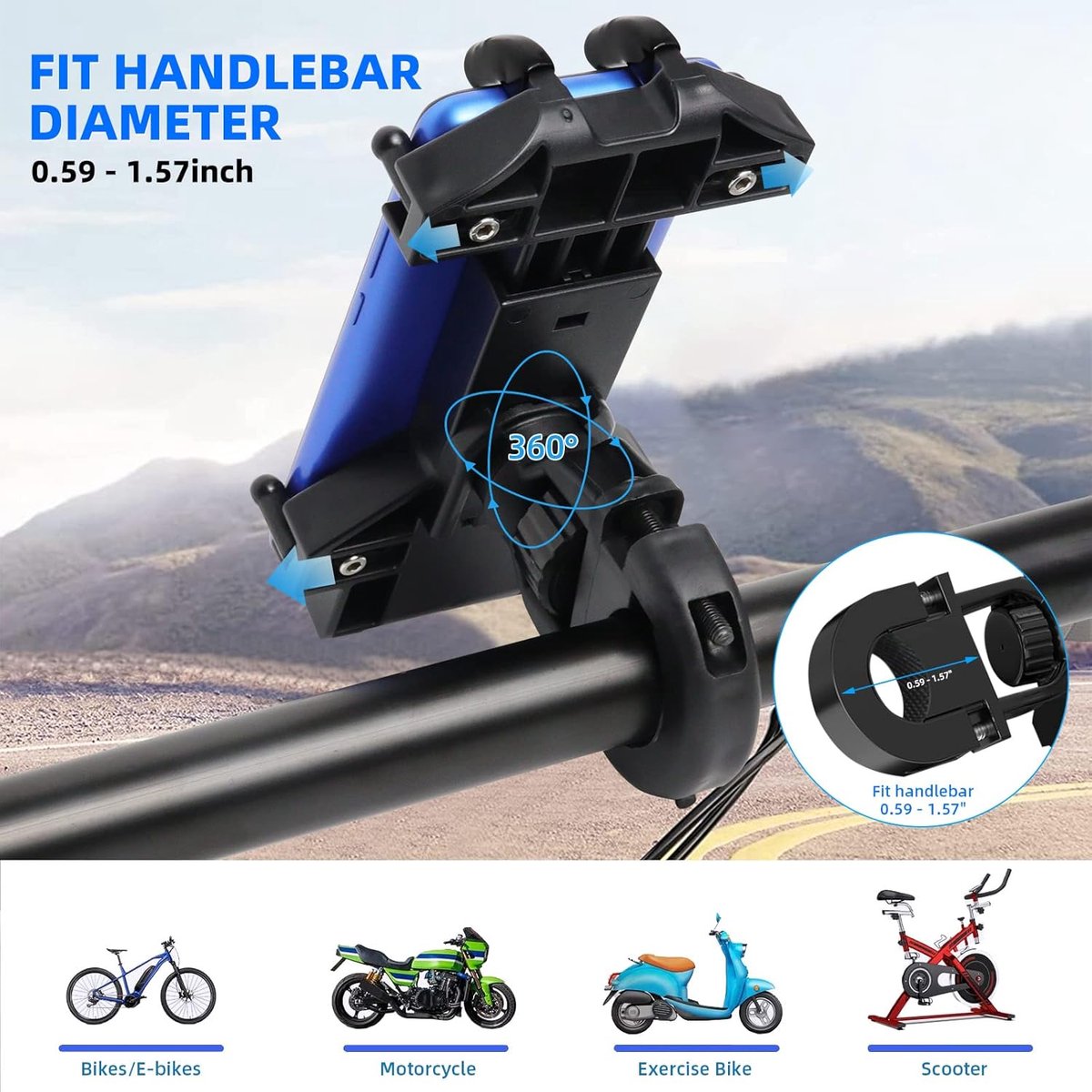 Motorcycle phone mount - Bicycle phone mount - Heavy-duty clamp for motorcycle handlebars - One-handed operation - Scooter phone mount - For phones from 4.7" to 7.25"