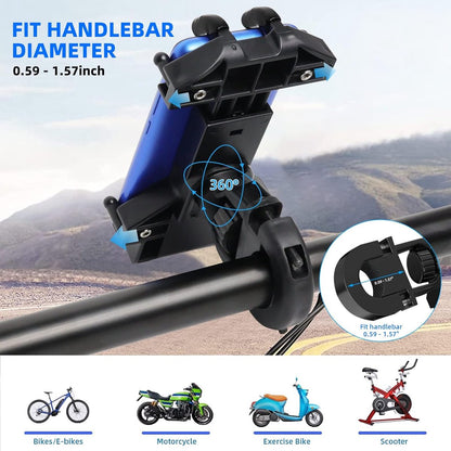 Motorcycle phone mount - Bicycle phone mount - Heavy-duty clamp for motorcycle handlebars - One-handed operation - Scooter phone mount - For phones from 4.7" to 7.25"