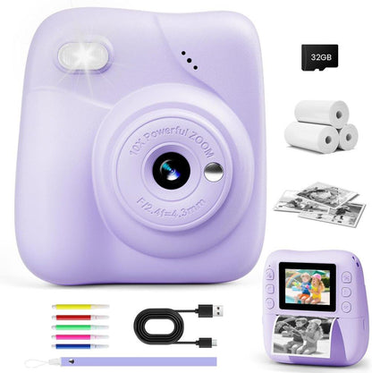 48MP Kids Digital Camera with Instant Print, 1080p FHD, 10x Zoom, 32GB Memory Card, 3-inch Screen, Purple