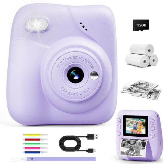 48MP Kids Digital Camera with Instant Print, 1080p FHD, 10x Zoom, 32GB Memory Card, 3-inch Screen, Purple