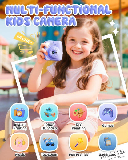 48MP Kids Digital Camera with Instant Print, 1080p FHD, 10x Zoom, 32GB Memory Card, 3-inch Screen, Purple