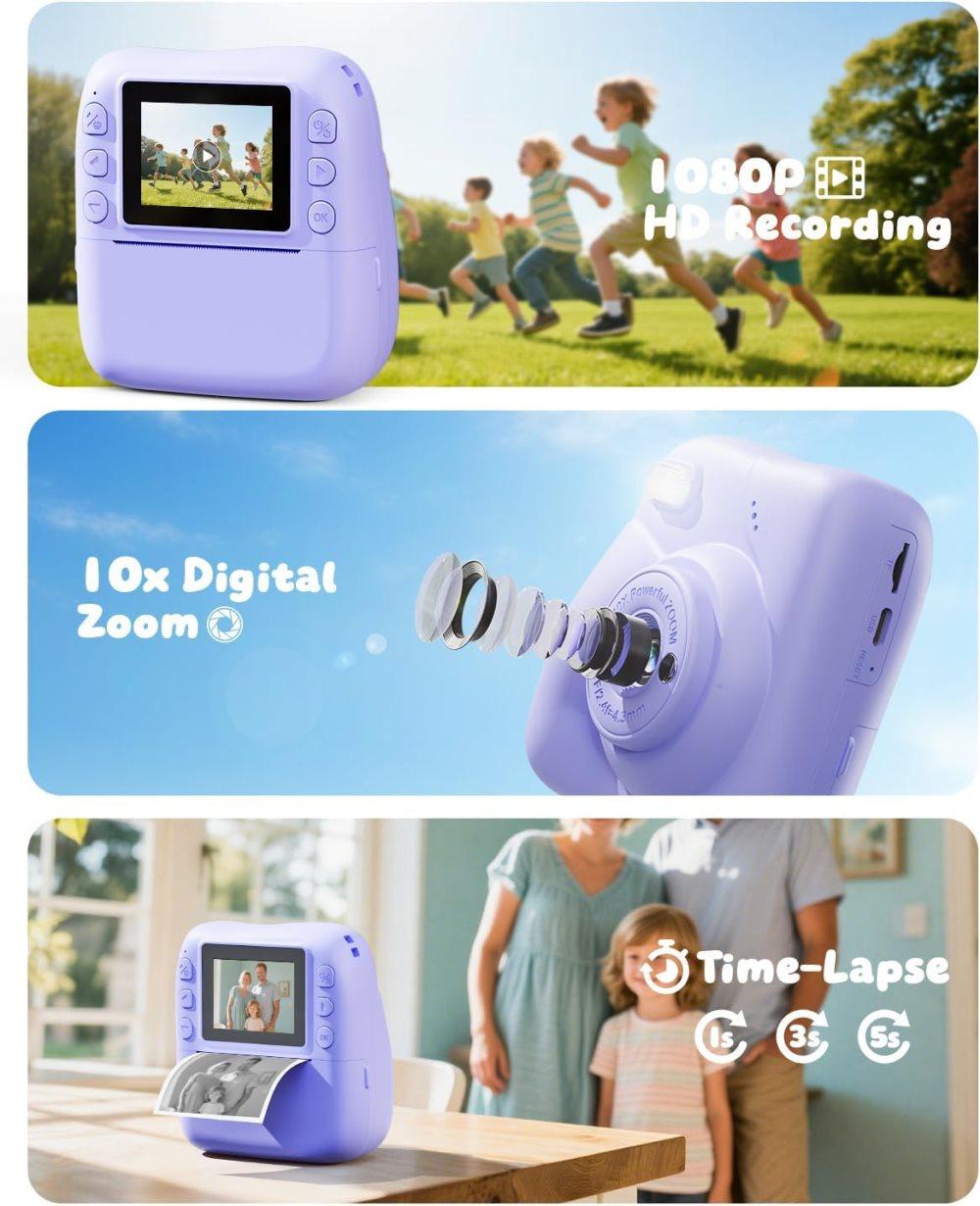 48MP Kids Digital Camera with Instant Print, 1080p FHD, 10x Zoom, 32GB Memory Card, 3-inch Screen, Purple
